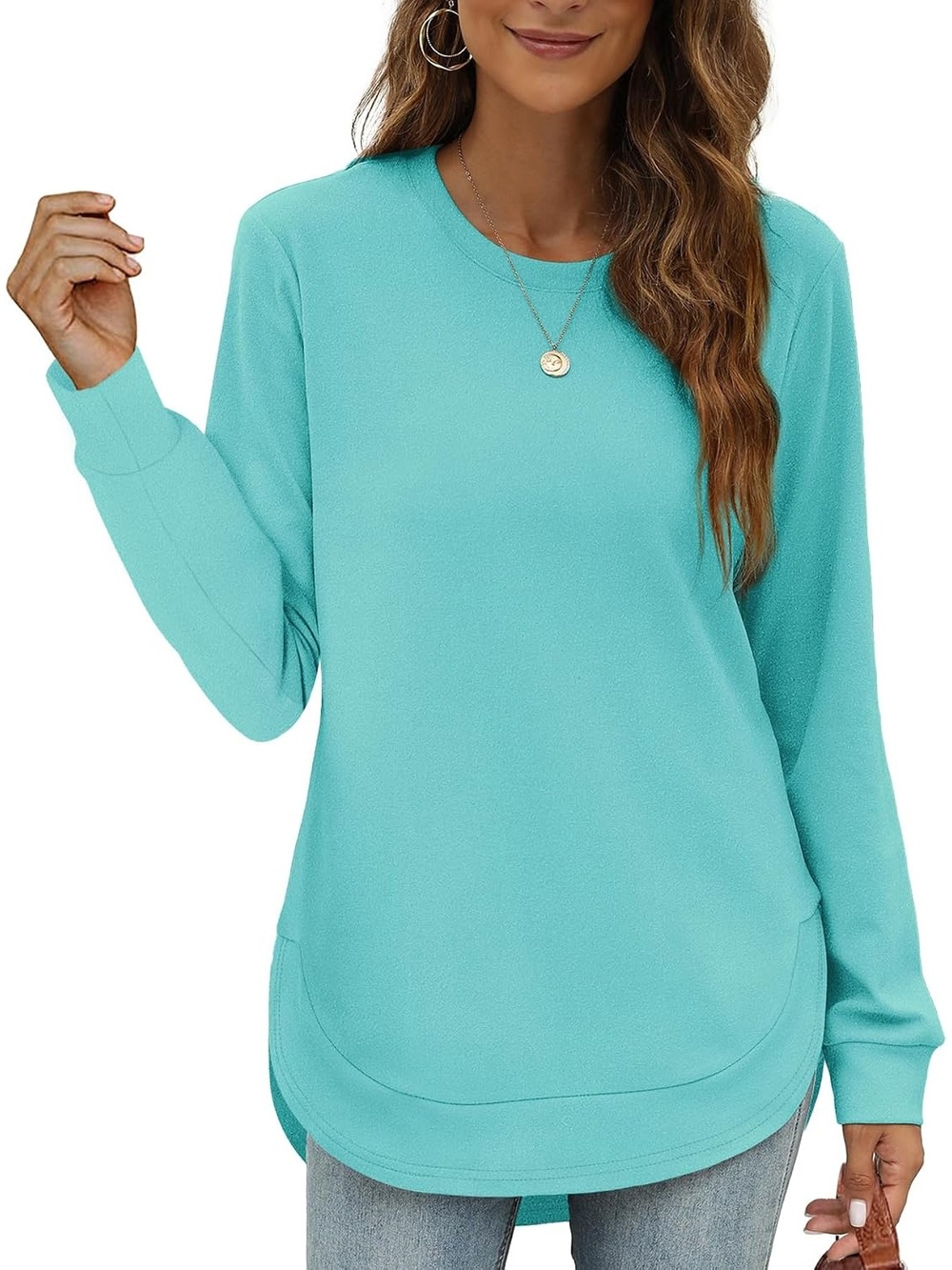 Women's Turquoise Sweatshirt Curved Crew Neck Long Sleeve Shirts High Low Tops